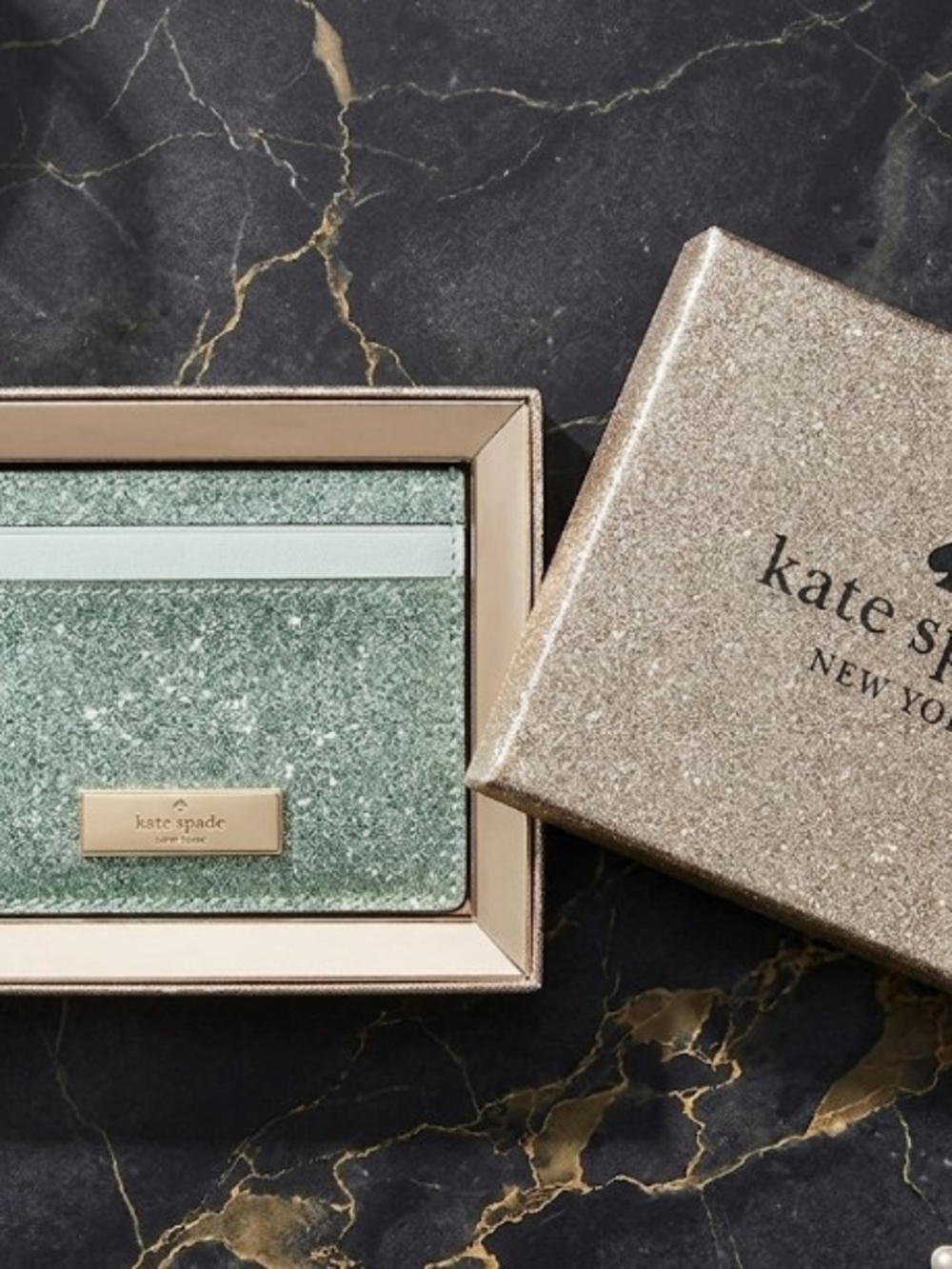 kate spade New York Kenzie Glitter Card Holder - Mint Green/Seawater Green
